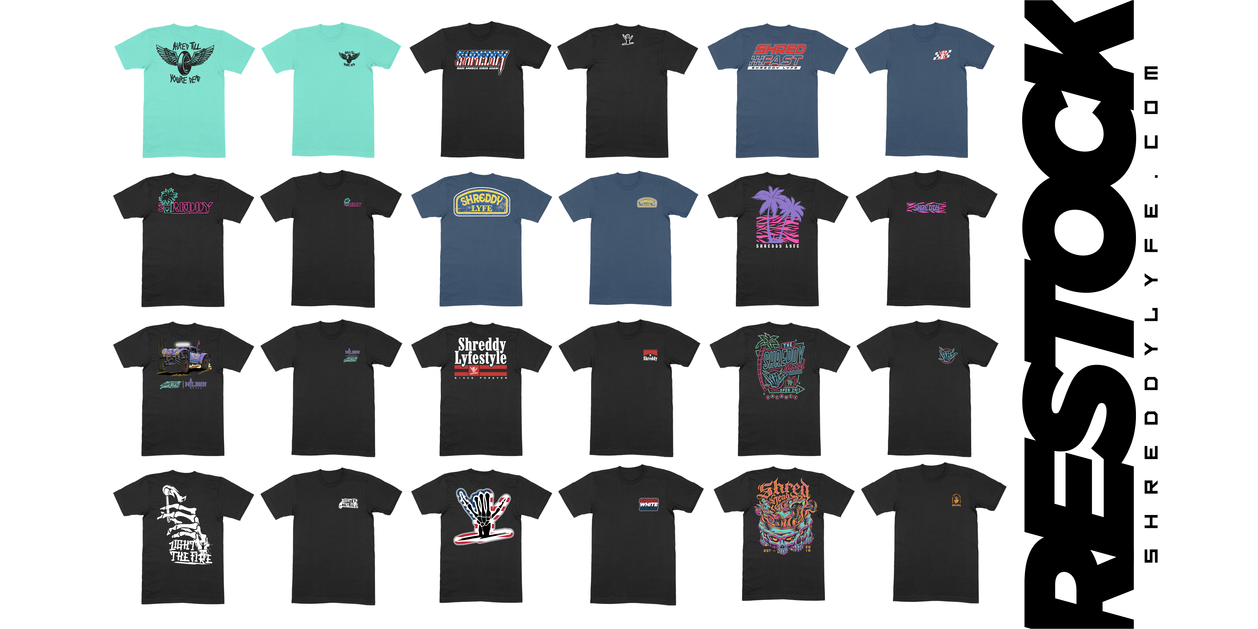 Shreddy Lyfe Shirt Collection Restocked, Image of all shirts